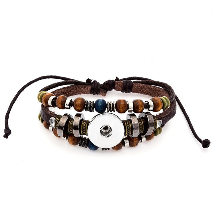 Vintage Leather Snap Bracelet | Natural Beads Charm Jewelry