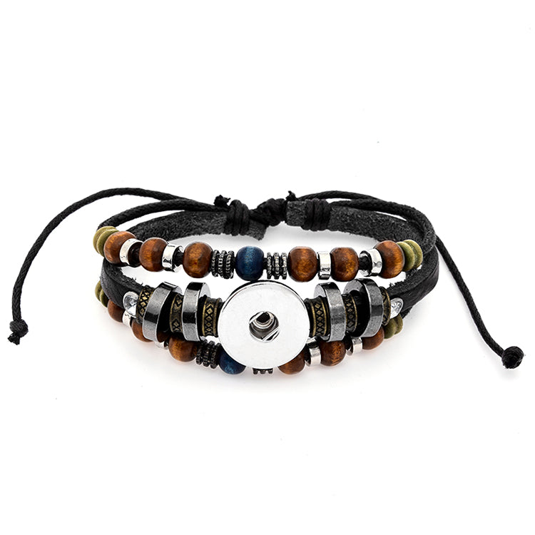 Vintage Leather Snap Bracelet | Natural Beads Charm Jewelry
