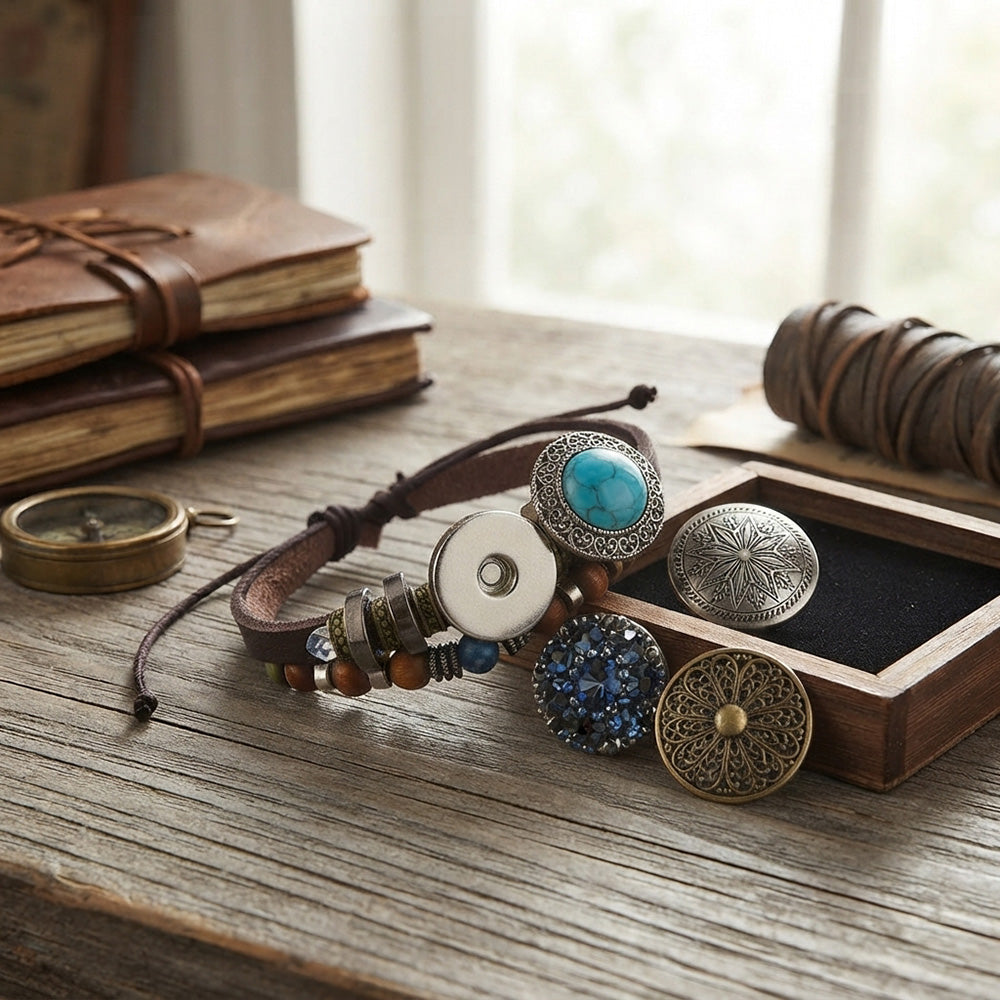 Vintage Leather Snap Bracelet | Natural Beads Charm Jewelry