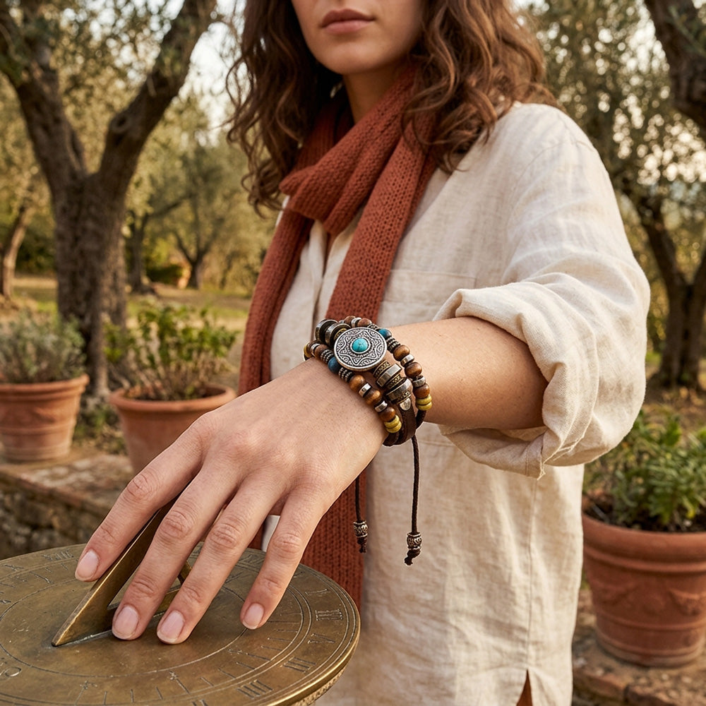 Vintage Leather Snap Bracelet | Natural Beads Charm Jewelry