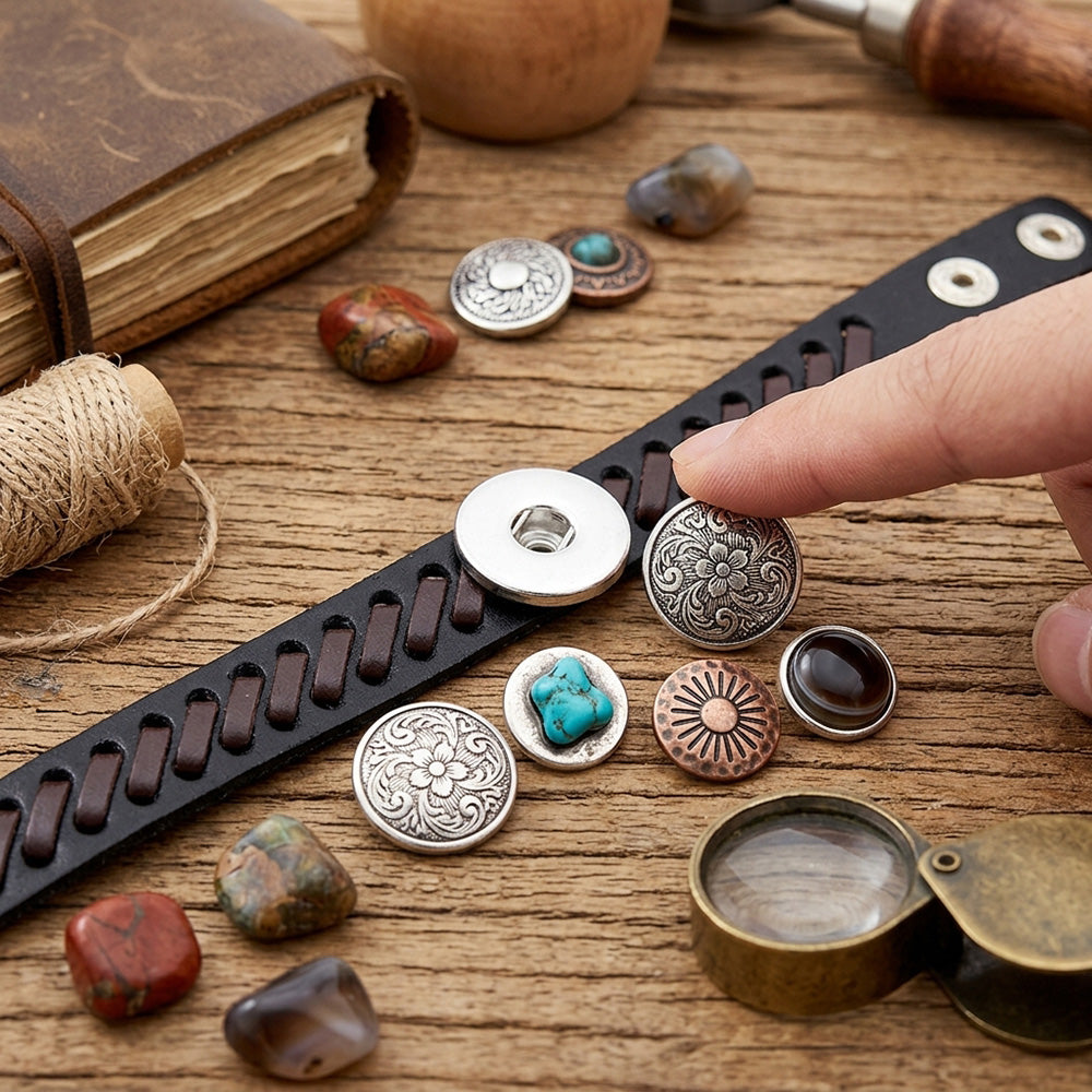 Braided Leather Snap Bracelet | Vintage Rock Style Charm Jewelry