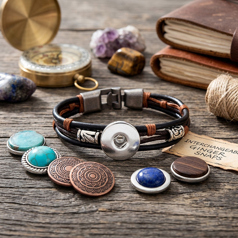 Bohemian Leather Charm Bracelet | Multi-Layer Snap Jewelry