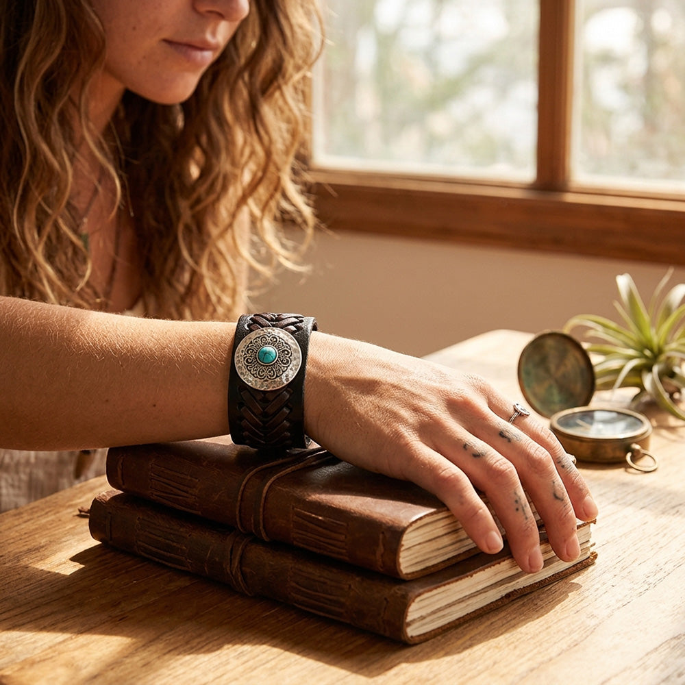 Black Leather Snap Bracelet | Vintage Braided Charm Jewelry