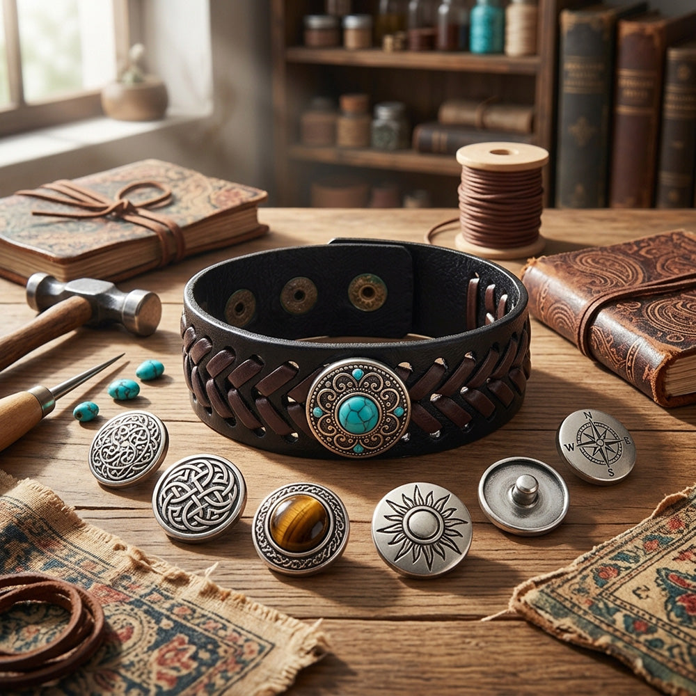 Black Leather Snap Bracelet | Vintage Braided Charm Jewelry