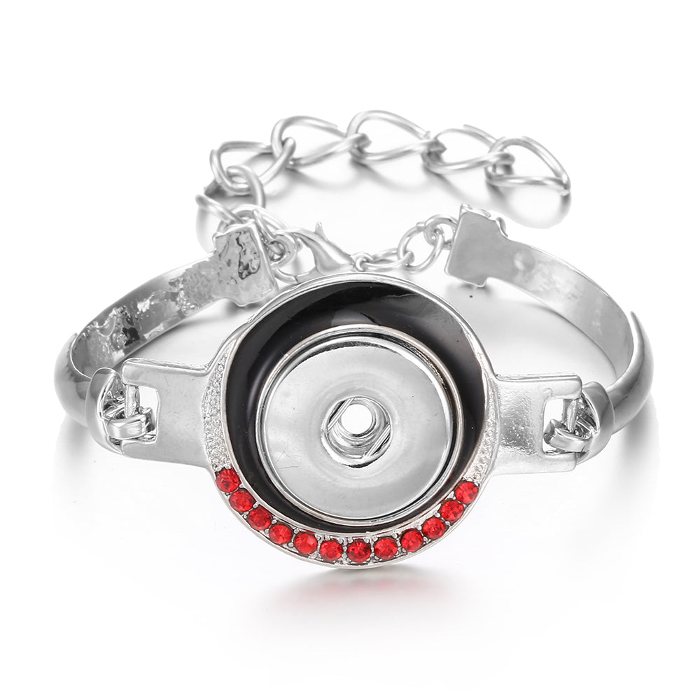 Black Enamel Red Crystal Snap Bracelet, Adjustable Chain Bangle Fits 18mm Ginger Snap Charms