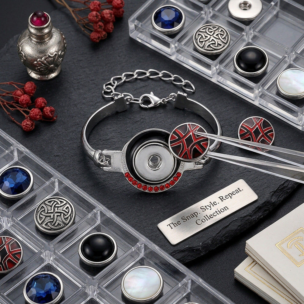 Black Enamel Red Crystal Snap Bracelet, Adjustable Chain Bangle Fits 18mm Ginger Snap Charms