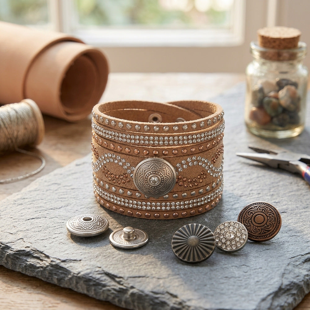 Golden Glow Multi-Layer Leather Snap Bracelet