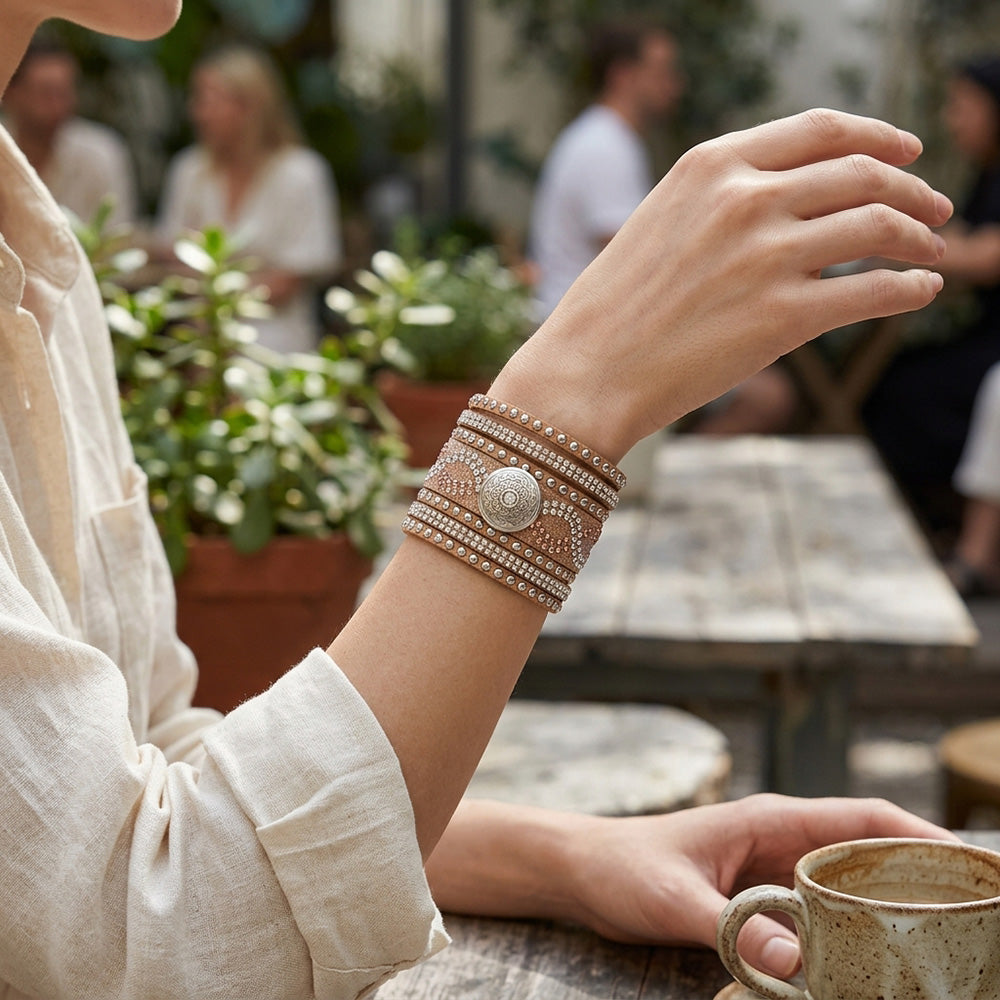 Golden Glow Multi-Layer Leather Snap Bracelet