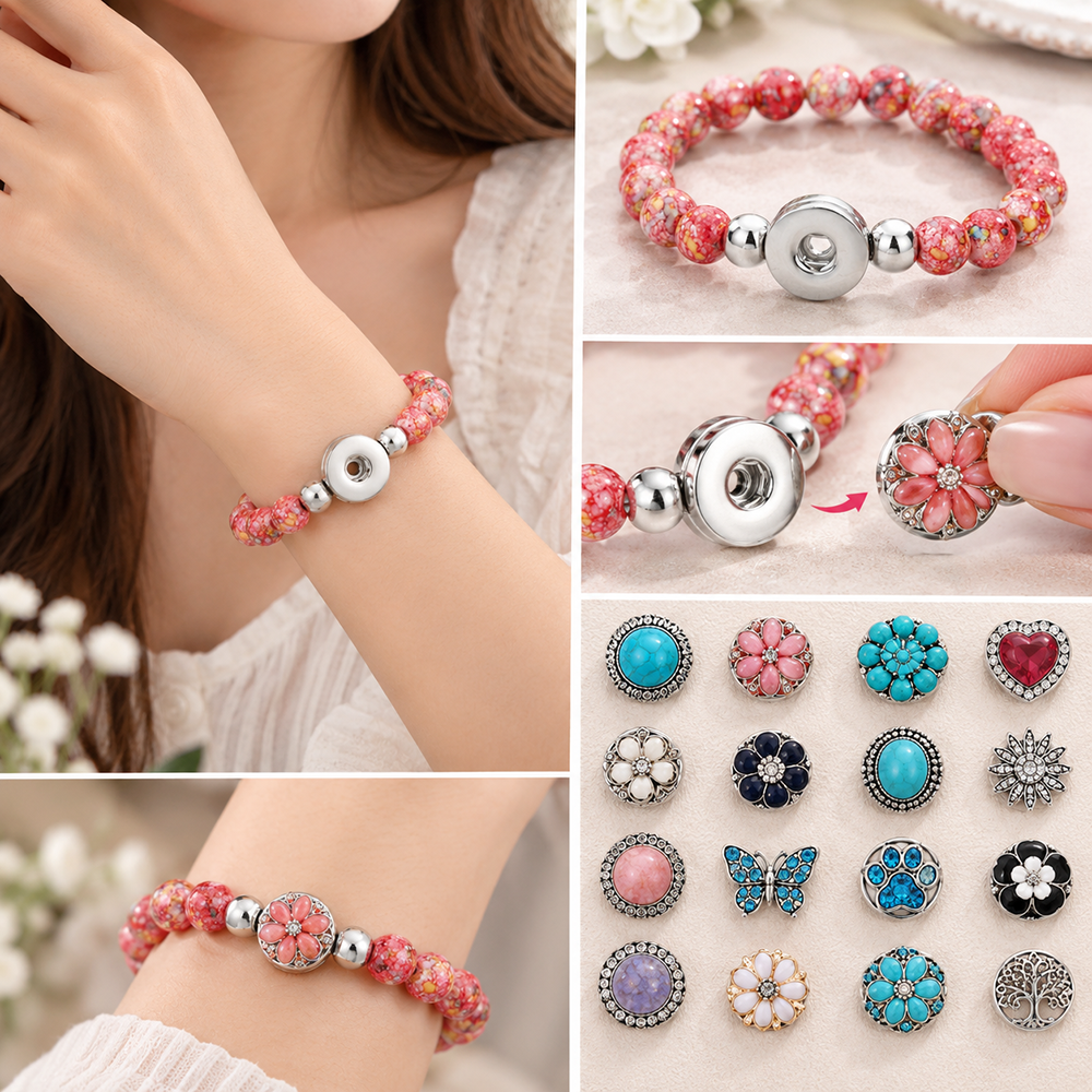 Crimson Bloom Beaded Snap Bracelet