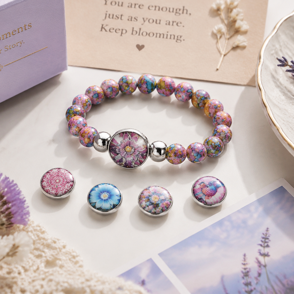 Crimson Bloom Beaded Snap Bracelet