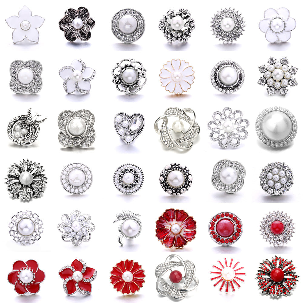 Interchangeable 18mm Pearl Snap Charms with Floral Rhinestone Designs